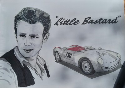 original Tuschezeichnung von James Dean und seinem Porsche 550 Spyder ''Little Bastard''