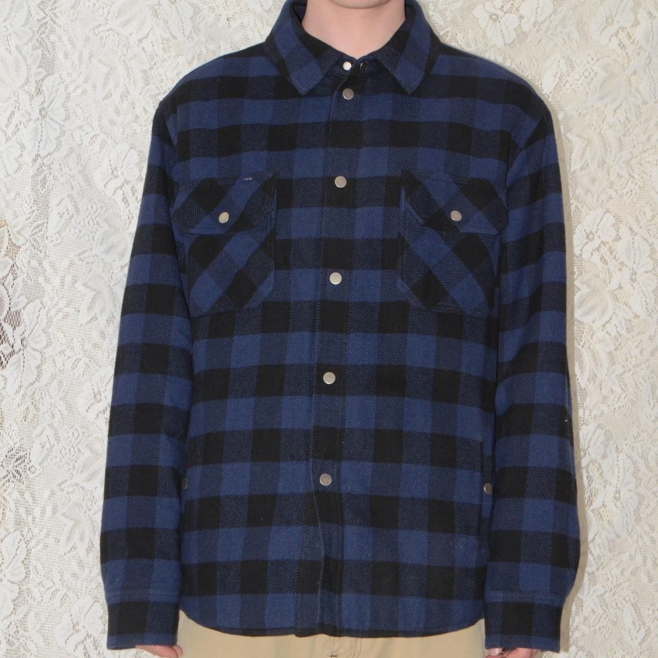 Off White Insulated Flannel Shirt Jacket Blue/Black Large