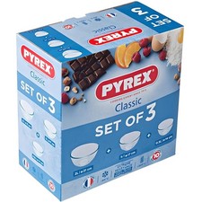 Image of Pyrex Classic Bowl Set 3 Piece Glass Mixing Bowls 0.5L 1L 2L Oven Safe Freezer
