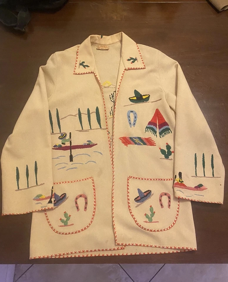 Винтажный 1950-х Лопес желтовато-коричневый бежевый мексиканский сувенирная куртка маленький корриды сцены - Изображение 2 из 4