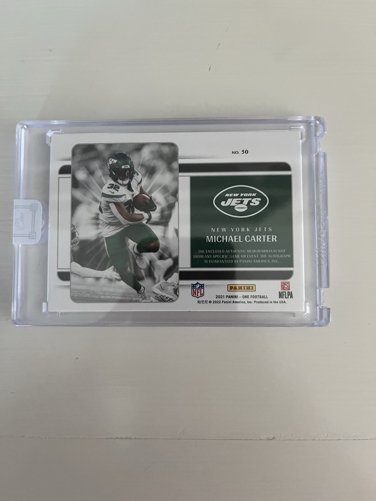 2021 Panini One Football Michael Carter Sick Dual Patch Jets RPA /25 view 2
