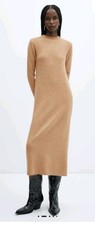 Mango Perkins Neck Knitted Midi Dress Size SMALL NWOT Camel