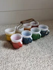 Vintage 8pc Glittery Multicolor Milk Glass Mugs w/ Handles & Metal Caddy Rack
