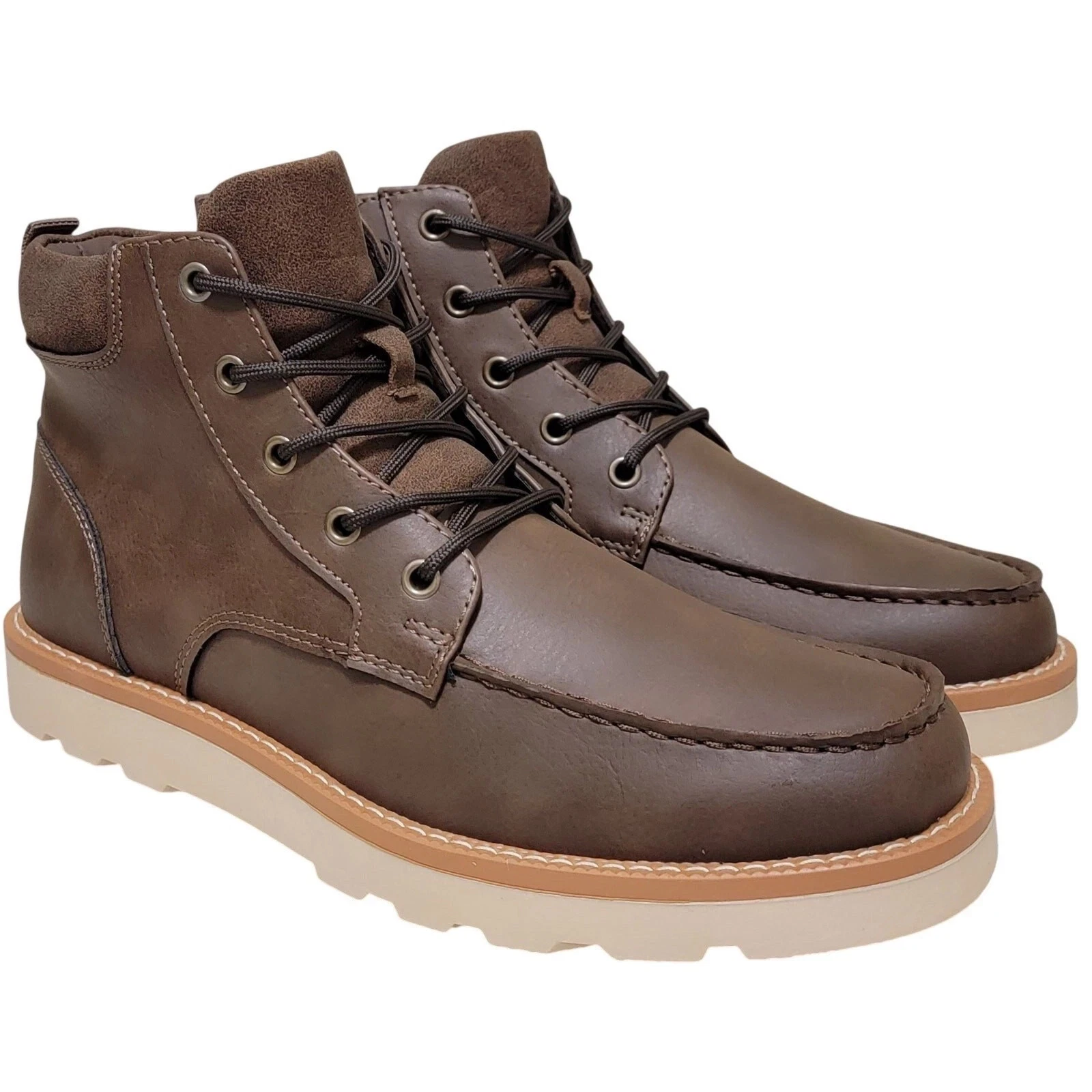 Club Room Men Clifton Moc Toe Combat Hiking Boot Faux Leather, Brown, 7.5 M