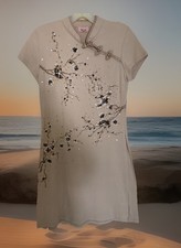 Elegant Tan Chinese Dress Qipao, Beautiful  Sequined Design, Made In USA.