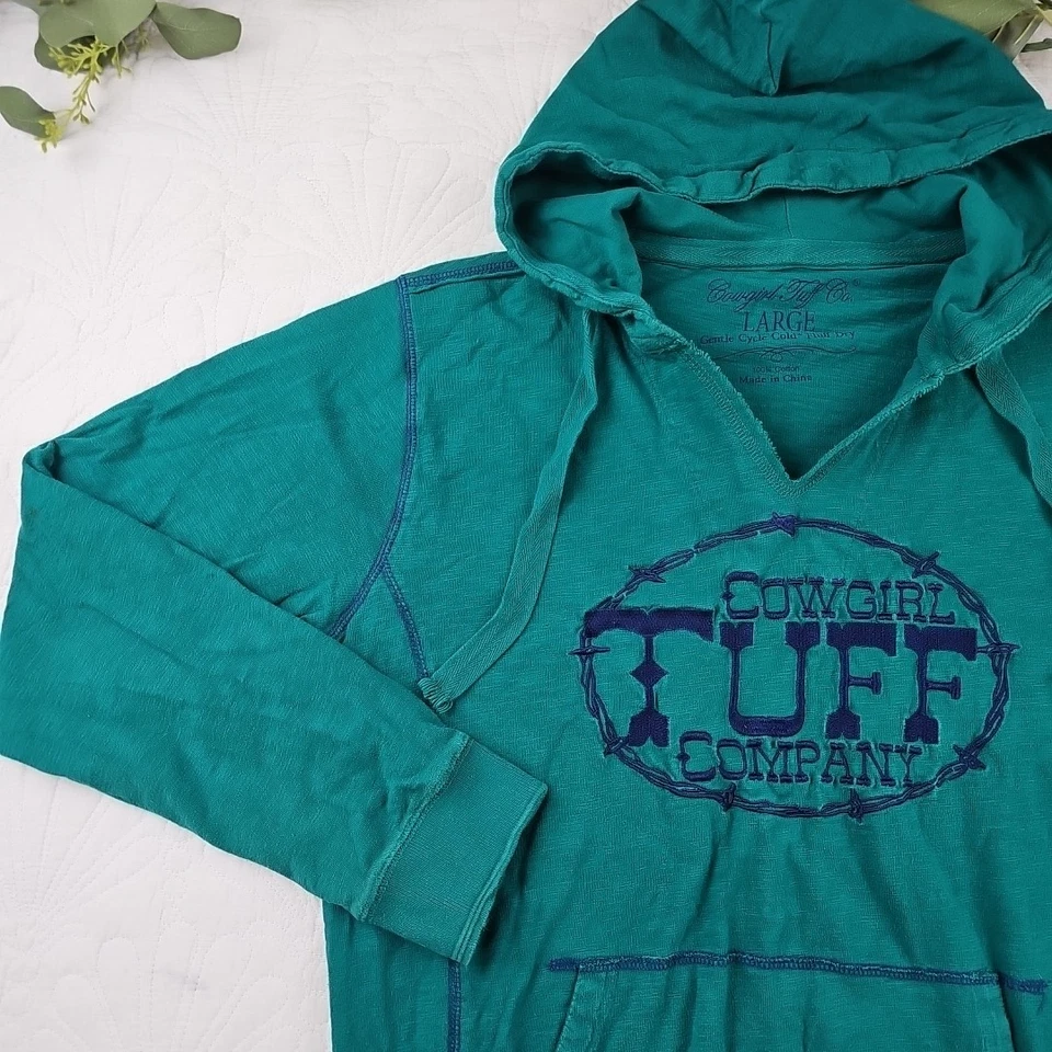 Cowgirl Tuff Co Women's Teal Green Pullover Lightweight Hoodie Size L - Image 4 of 4