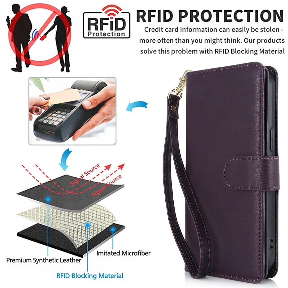 Wallet Case For iPhone 17 16 15 14 13 12 11 Pro Max 8 RFID Blocking Flip Cover - Image 3 of 4