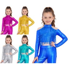 Girls Vest Long Sleeve Crop Top Metallic Camisole Dancewear Costume Hip Hop Tee