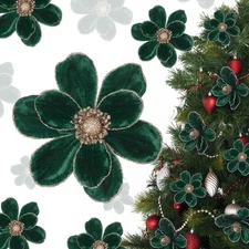 20 Pcs Christmas Velvet Poinsettia Flowers Ornaments 6.3Inch Glitter Artifici...