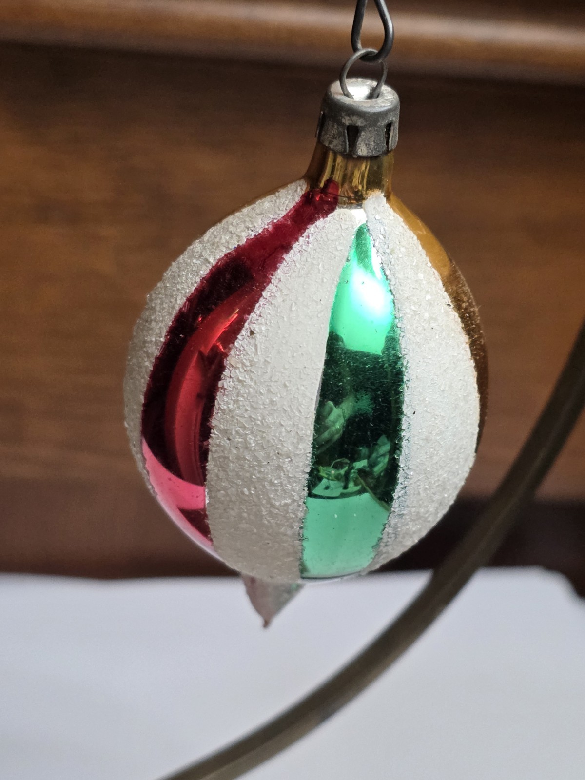 Vintage Poland Red Green Stripe Deep Indent Mica Glass Christmas Ornament