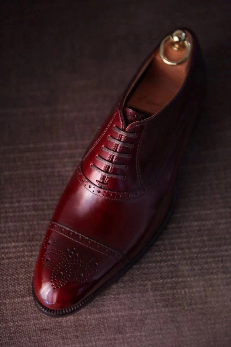 New Men's Handmade Red Color Leather Oxford Brogue Cap-Toe Lace Up Dress Shoes