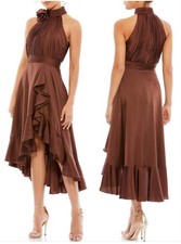 Mac Duggal 49488 Women's Halter Neck Flower Detail Ruffle Midi Dress Size 2