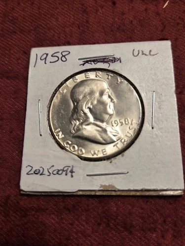 1958P BEN FRANKLIN SILVER HALF DOLLAR IN ALMOST UNCIRCULATED; .90 SILVER