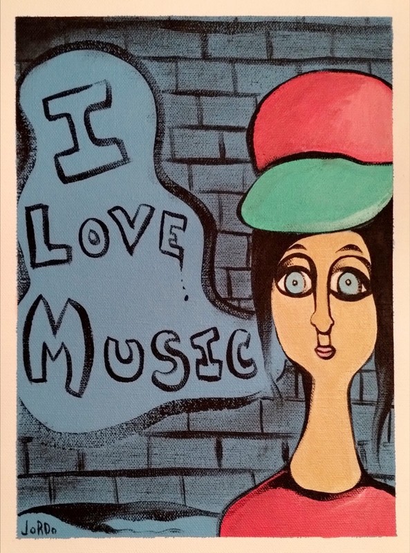 I LOVE MUSIC EXPRESSIONISM PAINTING ON LOOSE CANVAS..9 X 12 BY: JORDO #3 BLUE