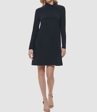 Tommy Hilfiger Womens Blue Stretch- Twisted Neck Long Sleeve Shift Dress Size 14