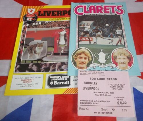 Burnley vs Liverpool Milk Cup Semi Final Programmes + Ticket 1983