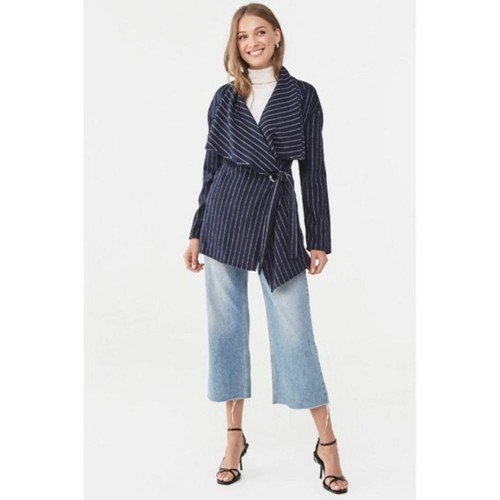 FOREVER 21 Woven Pinstripe Trench Jacket Pea Coat Size S Navy Belted Collard - Picture 4 of 6