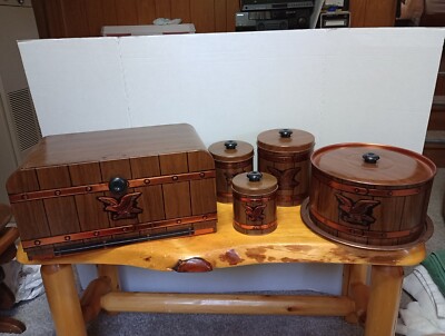 Tin BREAD BOX - CAKE HOLDER - 3  CANISTERS W/Eagle Emblem Americana Weibro  