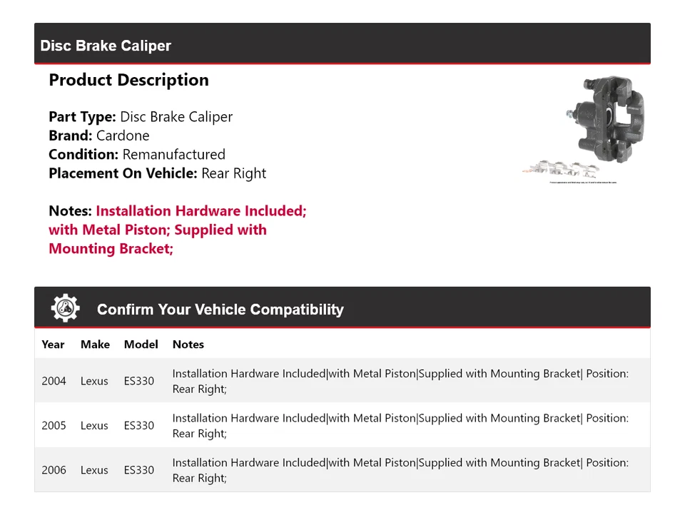 Pinza de freno de disco trasera derecha Cardone 2005 para Lexus ES330 2004-2006 Foto 2 de 4