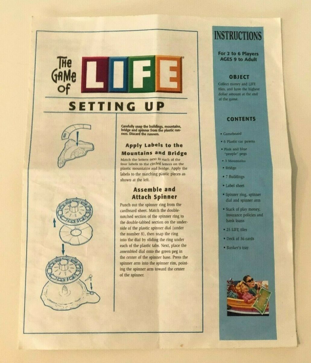 2000 The Game of Life Board Game Instructions Replacement directions