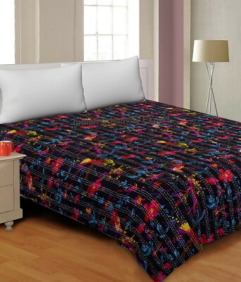 New Indian Cotton Handmade Twin Size Ralli Kantha Quilt Bedspread Throw Coverlet