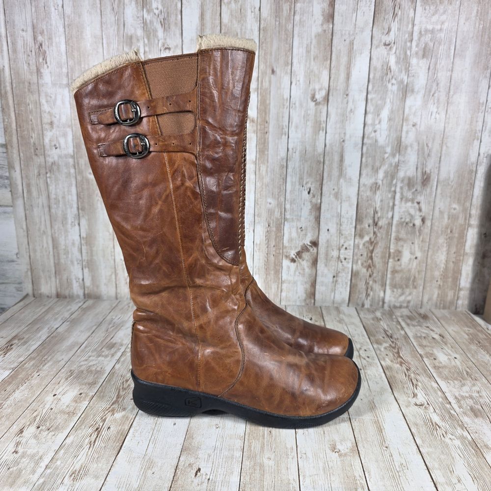 Stivali invernali Keen in pelle marrone foderati sherpa stivali da equitazione con fibbia alta misura 7 5