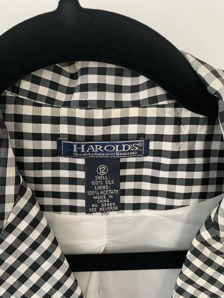 Blazer Harold’s Pure Silk vintage para mujer a cuadros talla 12 negro/blanco Foto 2 de 4