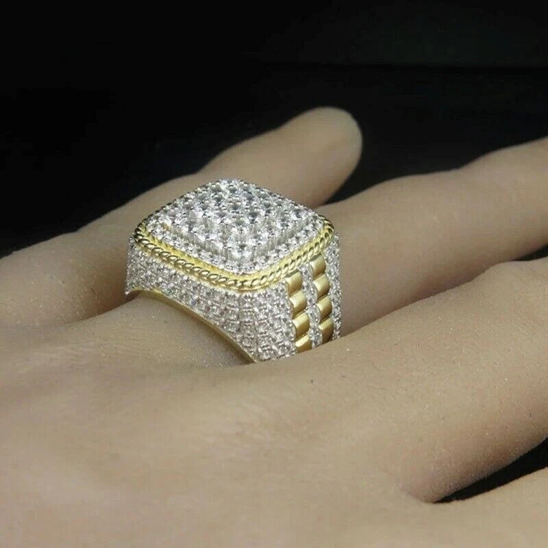 Anillo de propuesta de 3 quilates con circonita cúbica para hombre enchapado en oro amarillo de 14 quilates lujoso anillo de regalo de Navidad Foto 3 de 4