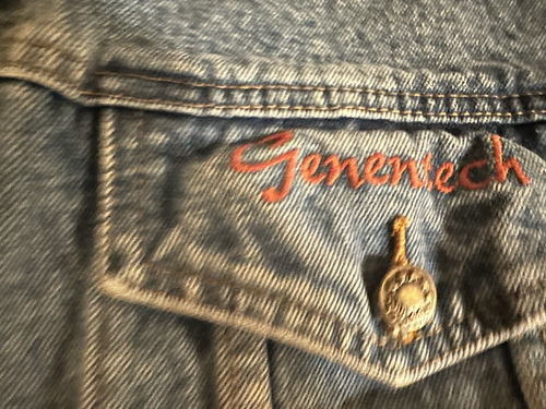 Genentech "WORK THOSE GENES" Jean Jacket RARE! Men XL Blue w/GREAT Embroidery! - Picture 5 of 18