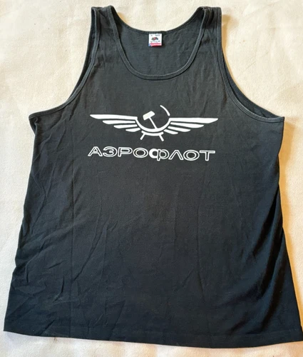 Vintage Tank T-Shirt Aeroflot Soviet Airlines Fruit Of The Loom Men XL Black