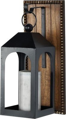 Wall Candle Sconce Metal Suspended Arched Cutout  Brown Wood Backing Beaded