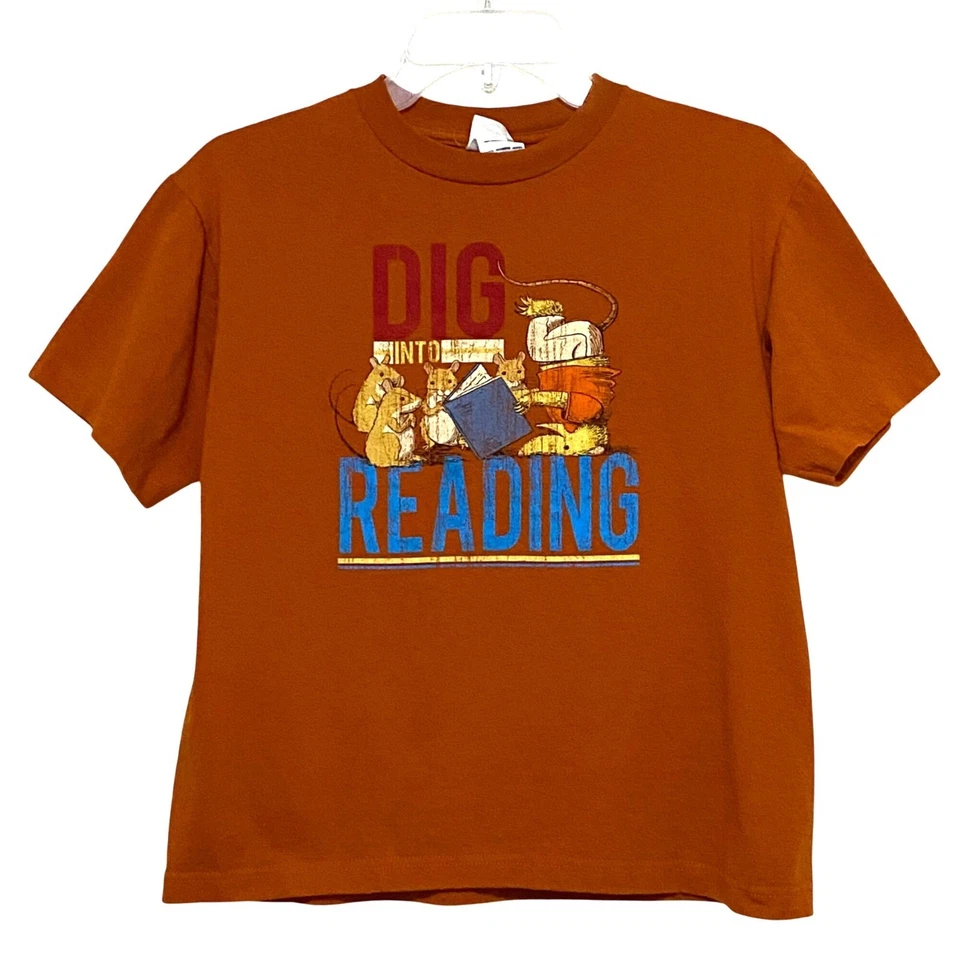 Dig Into Reading Mouse T-Shirt Youth L Orange Book Worm Dragon Homeschool - Image 2 of 4