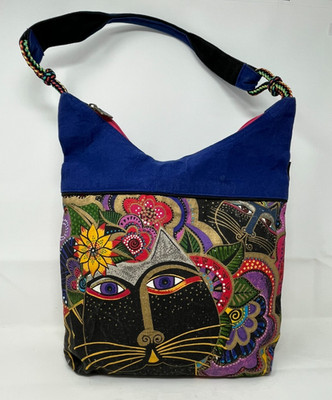 Laurel Burch Tote Bag Purse Zippered Closure Cat Scoop Top Blue