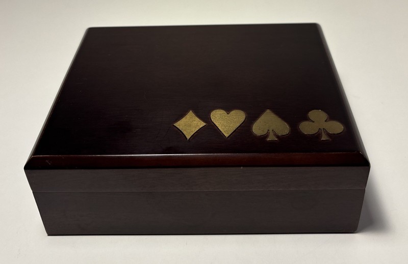 Wooden Playing Card Box Gold Suits on Top Felt Lined 1998 Korea 2 Decks included