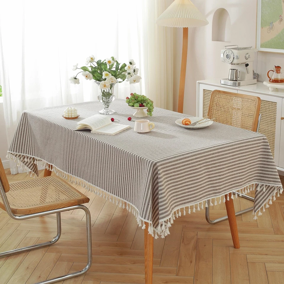 Mantel de mezcla de algodón, cubierta rectangular a rayas con flecos, marrón Foto 2 de 4