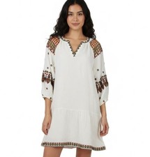 Karen Kane Linen Blend Dress Size M Ivory  Embroidered Peasant Lined V-Neck Boho