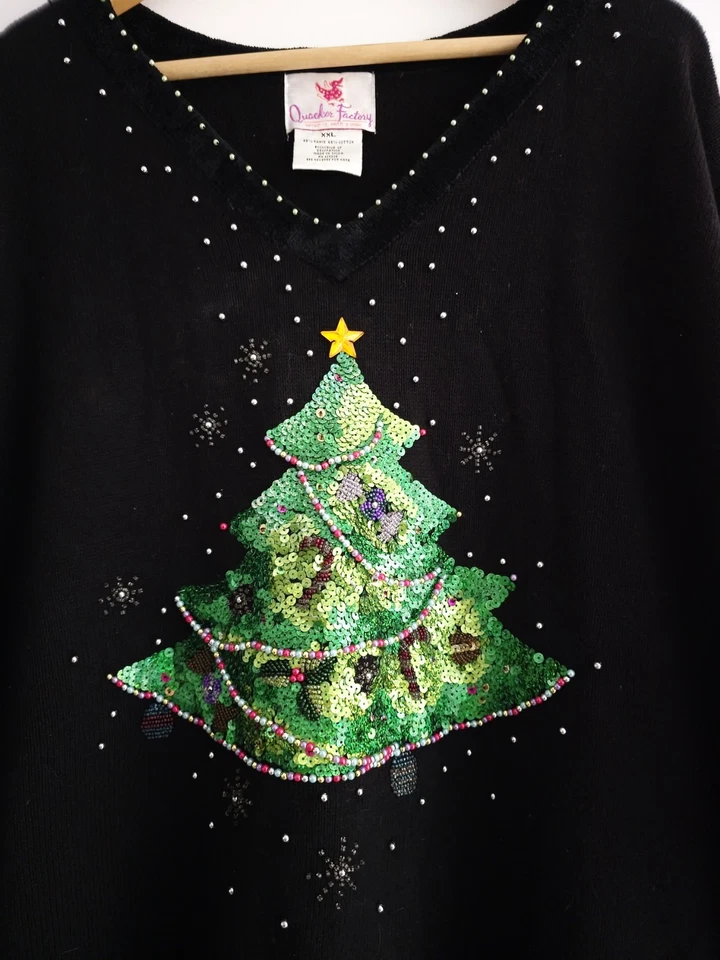 Vtg The Quaker Factory Womens Christmas Festive Beaded Sequin Tree Jumper Sz XXL - Image 4 of 4