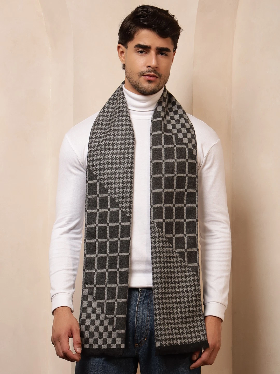Men 100% CASHMERE SCARF Made in India Soft Wool Wrap Plaid Black / Gray Scarves