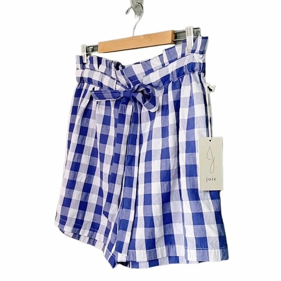 NWT Joie Gingham Shorts Blue & White Check Cotton Paper Bag Waist Size XL NEW - Image 4 of 4