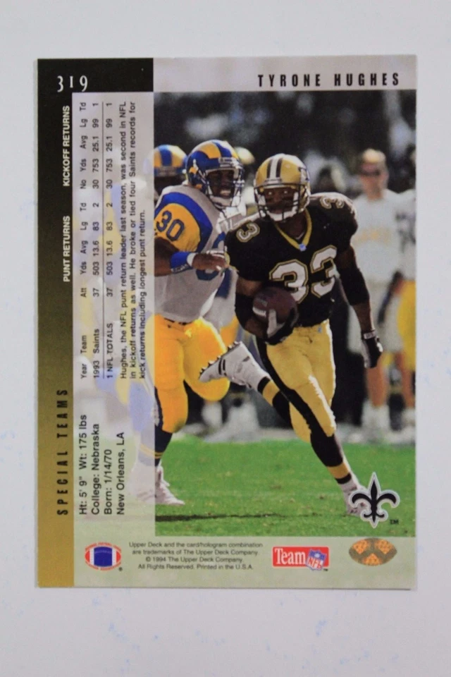 Tyrone Hughes #319 NO Saints Signed 1994 UPPER DECK Autographed RARE 15A - Image 3 of 3