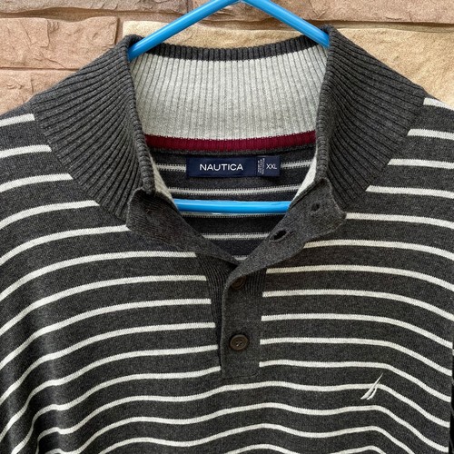 Nautica Mens 2XL Pullover Sweater Gray High Ribbed Collar Quarter Button Striped - Picture 5 of 9