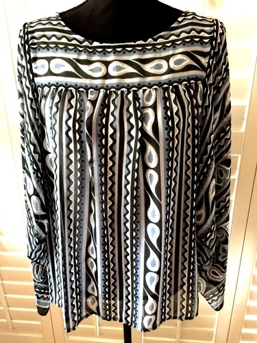 BOB MACKIE WEARABLE ART BLOUSE SIZE M BLUE/MULTI PRINT SHEER WITH ATTACH SHELL - Picture 4 of 8