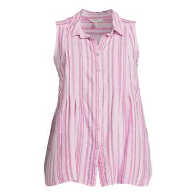 Terra & Sky Women Plus 0X 14W Sleeveless Linen Blend Camp Shirt Pink Stripe