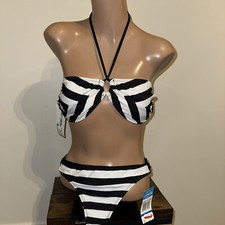 California Waves Striped Bandeau Bikini Top  Bottom Black/White NWT