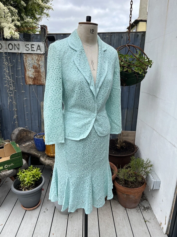 JONES WEAR MEZCLA ALGODÓN ENCAJE 2 PIEZAS FALDA TRAJE TALLA 12 BLAZER AJUSTADO AZUL MENTA Foto 2 de 4