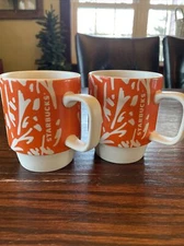 Set of 2 Stacking Starbucks Mugs Mod Orange White Floral Spring 2016 and 2017 