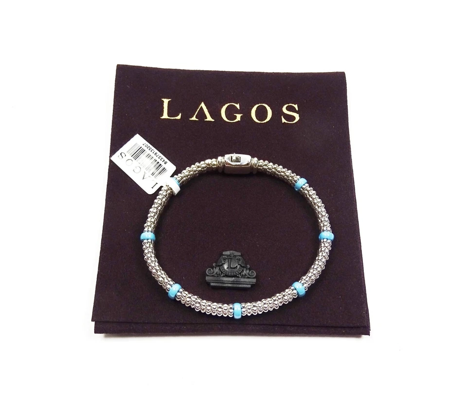 LAGOS Caviar Sterling Silver Ceramic Blue Stations Bangle Bracelet - Image 4 of 4