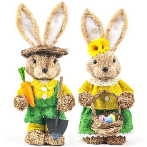 SINBDLAI Easter Bunny Decorations 14" Garden Style Straw Bunny Easter Indoor ...