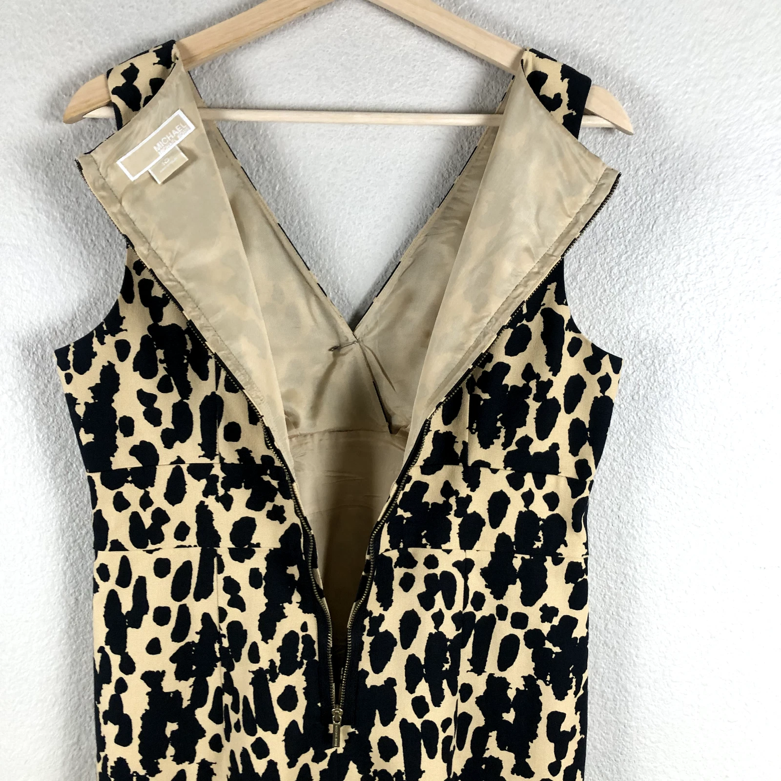 Abito Michael Kors donna 10 nero marrone stampa animalier plissettato aderente e svasato scollo a V