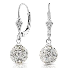 925 Solid Sterling Silver Sparkle Crystal Ball Dangle Hoops Earrings All Size